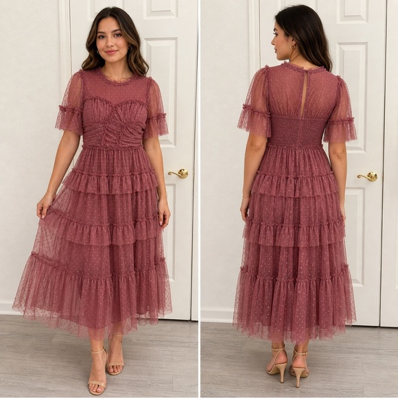 Ivy City Co Dresses & Skirts - Ivy city co Elegant Mauve Tiered Midi Dress with Sheer Sleeves